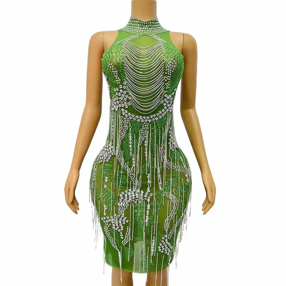 Sexy Stage Green Rhinestones Crystals Fringes Chains Evening Birthday Celebrate Dress Transparent Dancer Photoshoot Dress