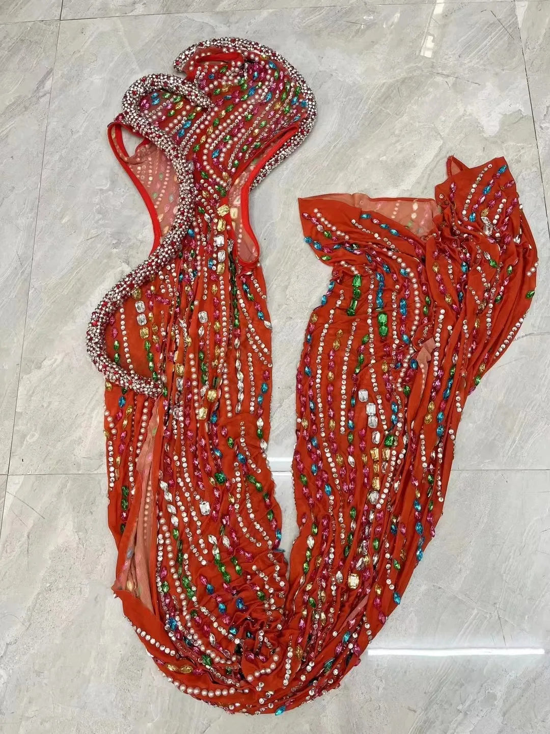 Sexy Stage Luxurious Colorful Crystals Big Train Split Dress Evening Birthday Celebrate Party Film Festival Rhinestones Costume