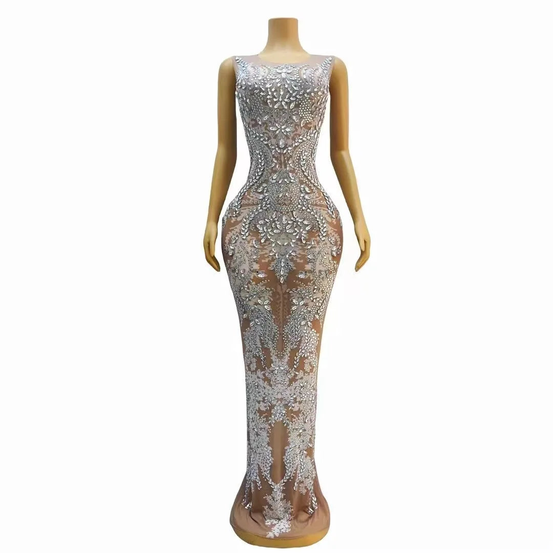 Sexy Stage Nude Mesh Transparent Silver Rhinestones Crystals Dress Birthday Celebrate Multicolor Stones Outfit Prom Party Gowns