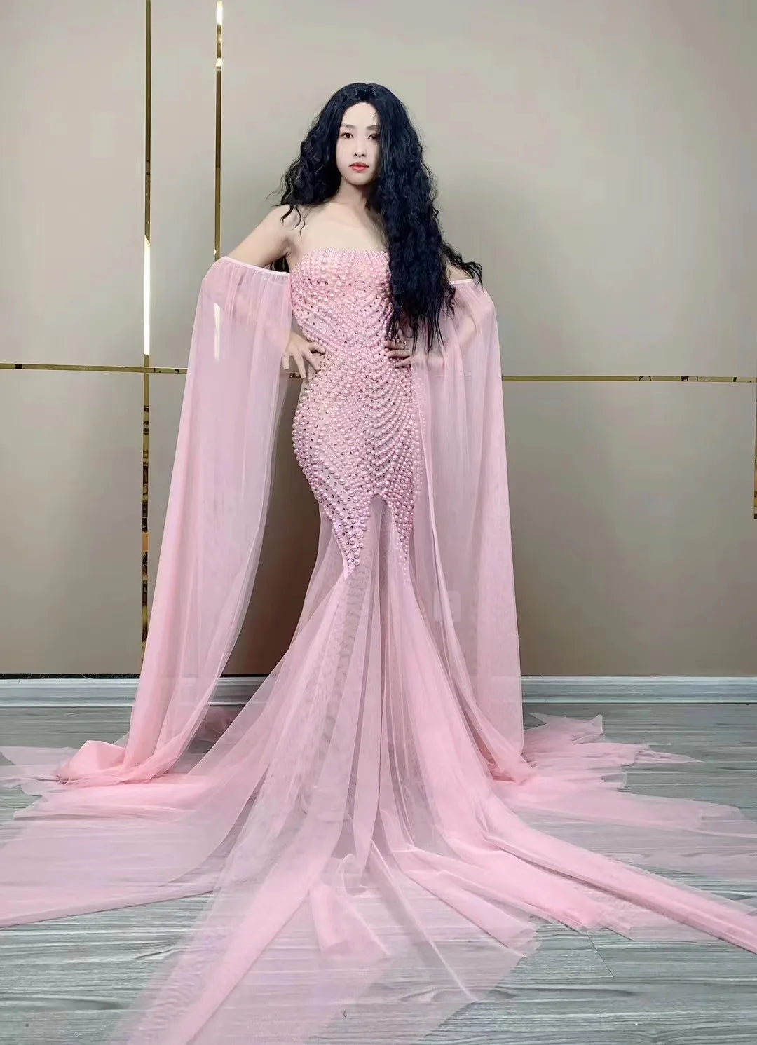 Sexy Stage Pink Mesh Pearls Dress Women Dance Costumes Birthday Bar Nightclub Party Dress Female Singer Performance Stage Outfit