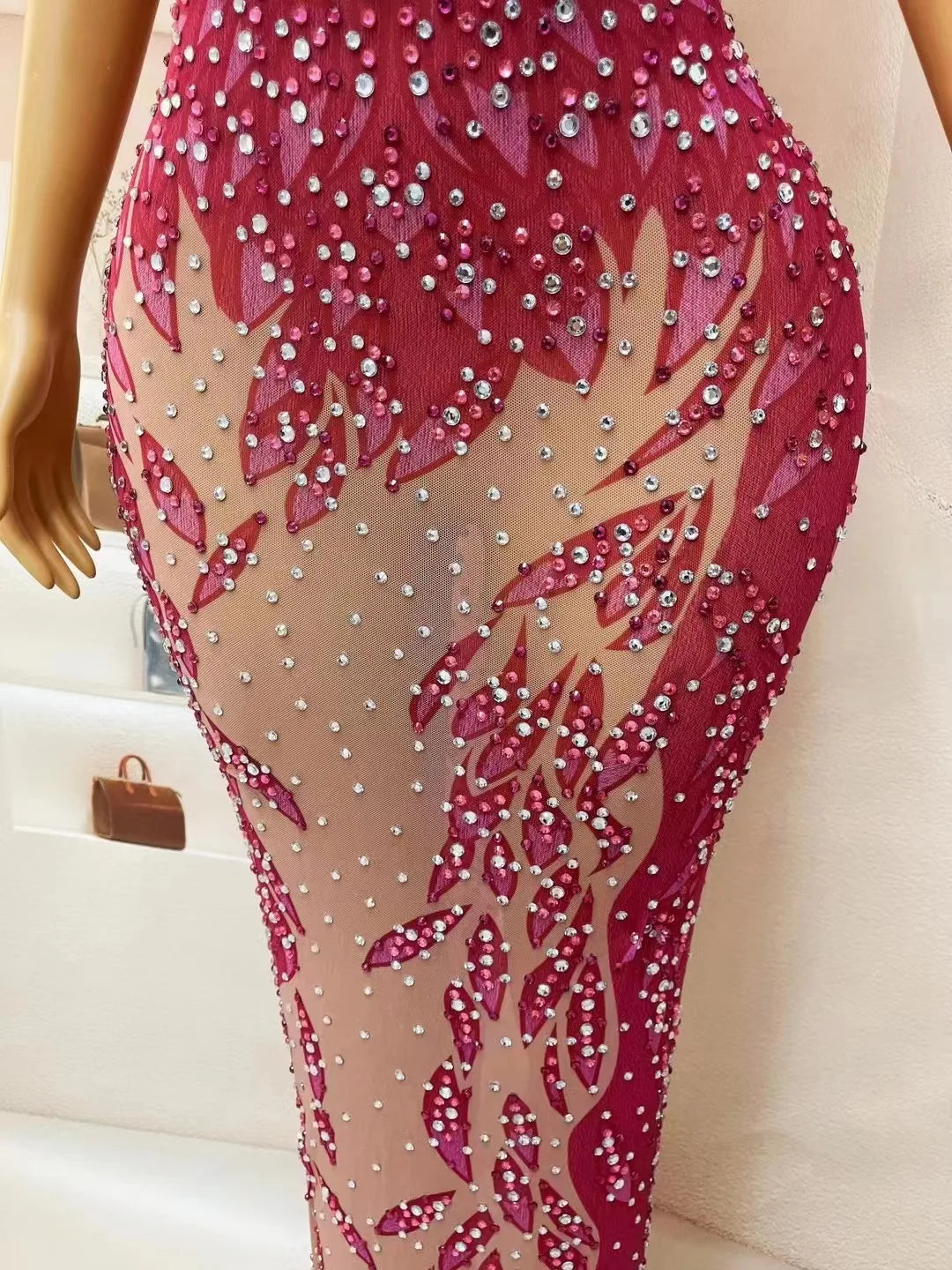 Stage Pink Rhinestones Transparent Sleeveless Dress Crystals Dance Costume