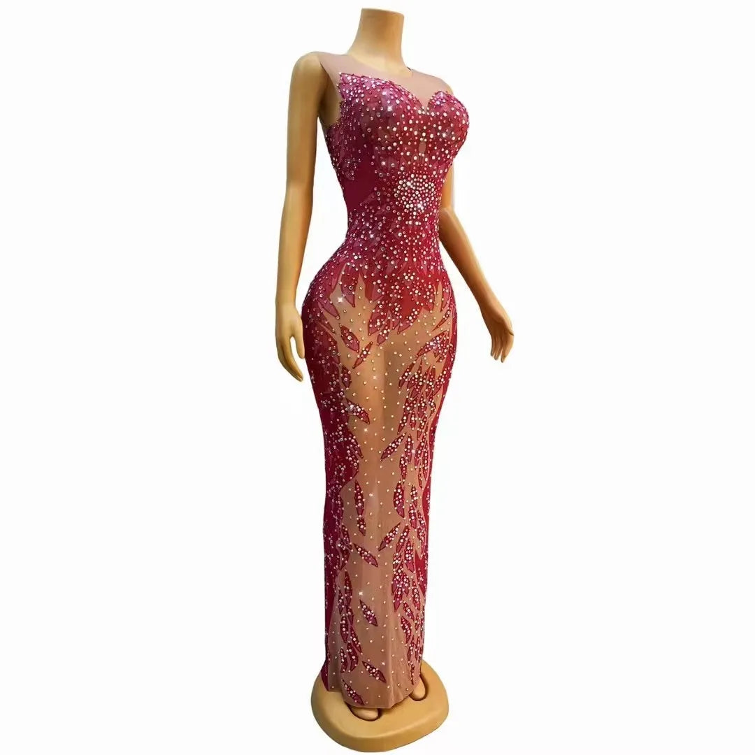 Stage Pink Rhinestones Transparent Sleeveless Dress Crystals Dance Costume