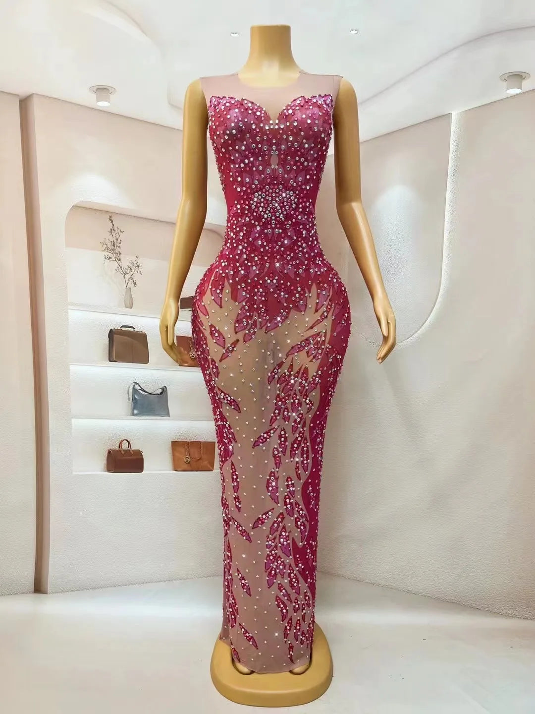 Stage Pink Rhinestones Transparent Sleeveless Dress Crystals Dance Costume