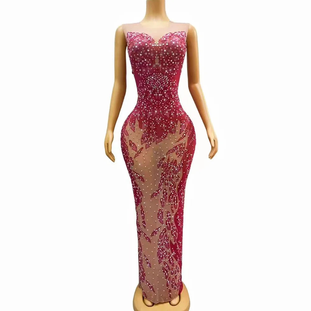 Stage Pink Rhinestones Transparent Sleeveless Dress Crystals Dance Costume