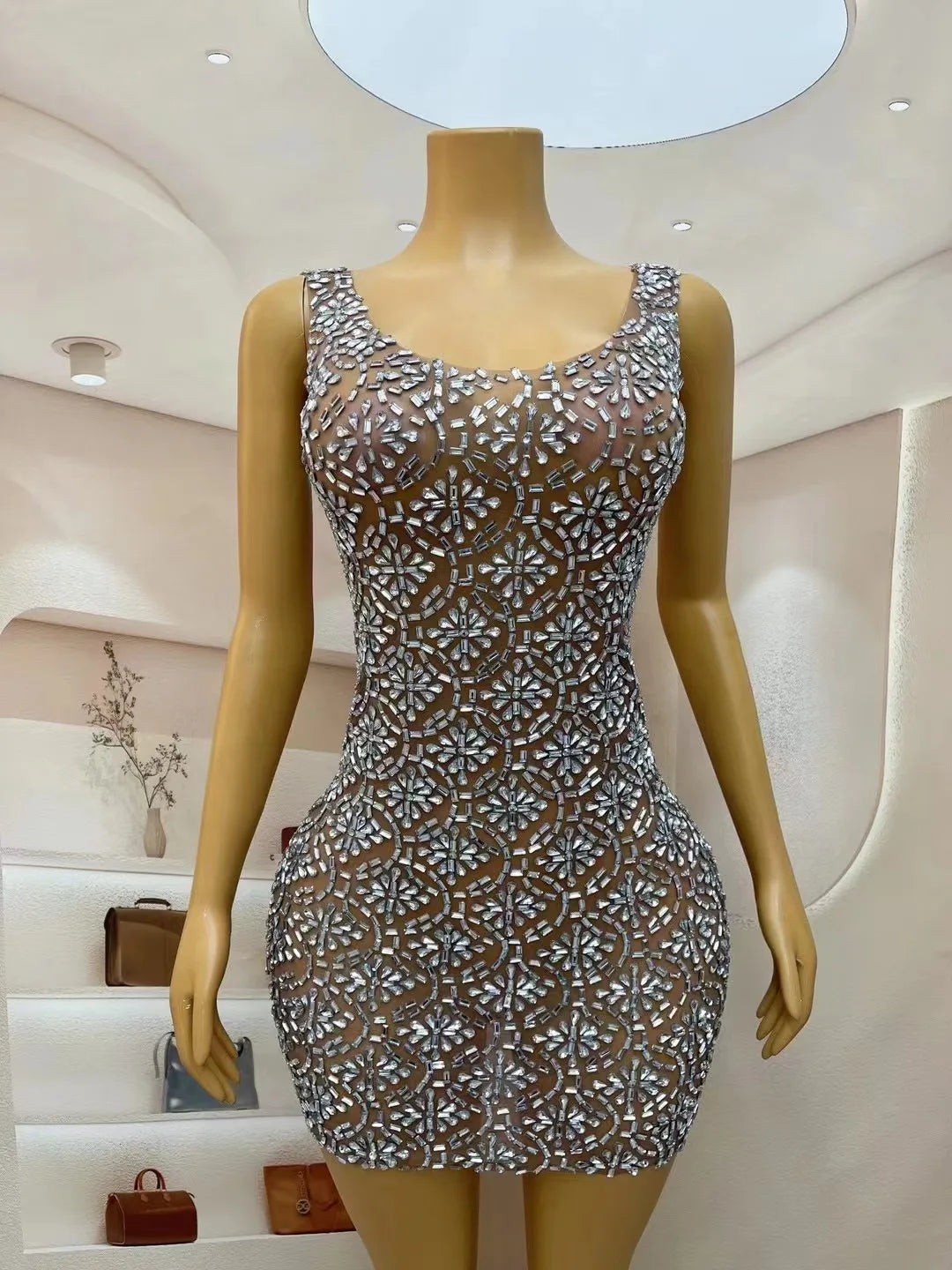 Sexy Stage Silver Rhinestones Crystals Sleeveless Transparent Mini Dress Dance Birthday Celebrate Costume Party Photoshoot Wear