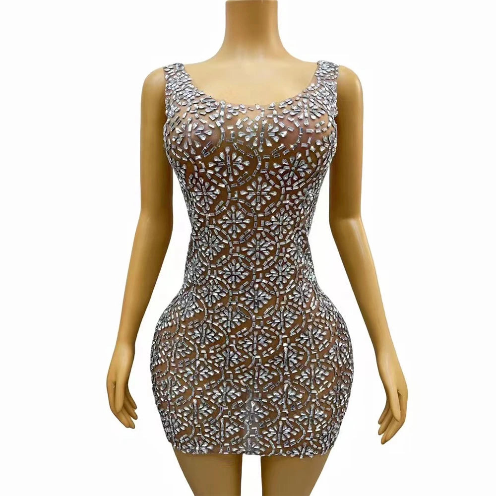Sexy Stage Silver Rhinestones Crystals Sleeveless Transparent Mini Dress Dance Birthday Celebrate Costume Party Photoshoot Wear