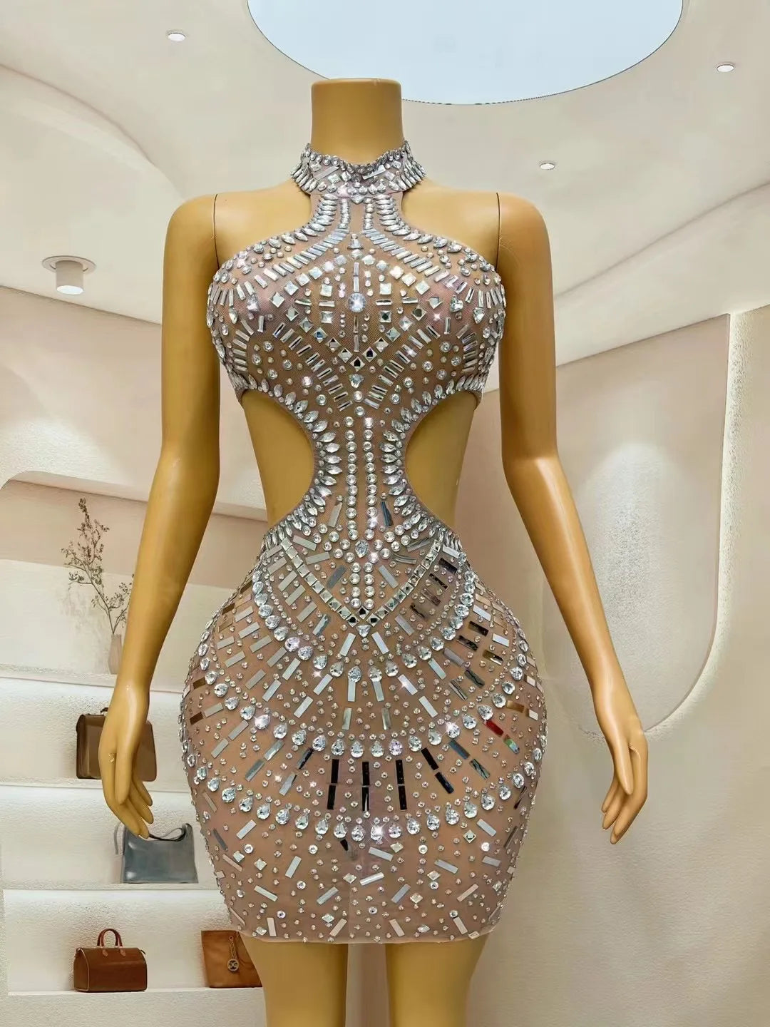 Silver Rhinestones Sequins Backless Hollow Dress Outfit Performance Costume