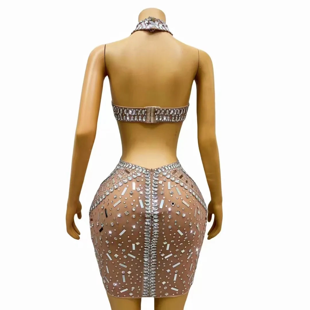 Silver Rhinestones Sequins Backless Hollow Dress Outfit Performance Costume