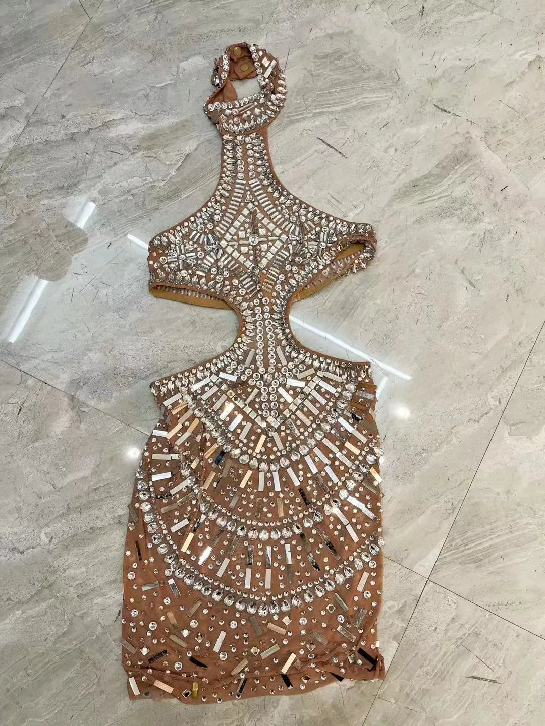 Silver Rhinestones Sequins Backless Hollow Dress Outfit Performance Costume