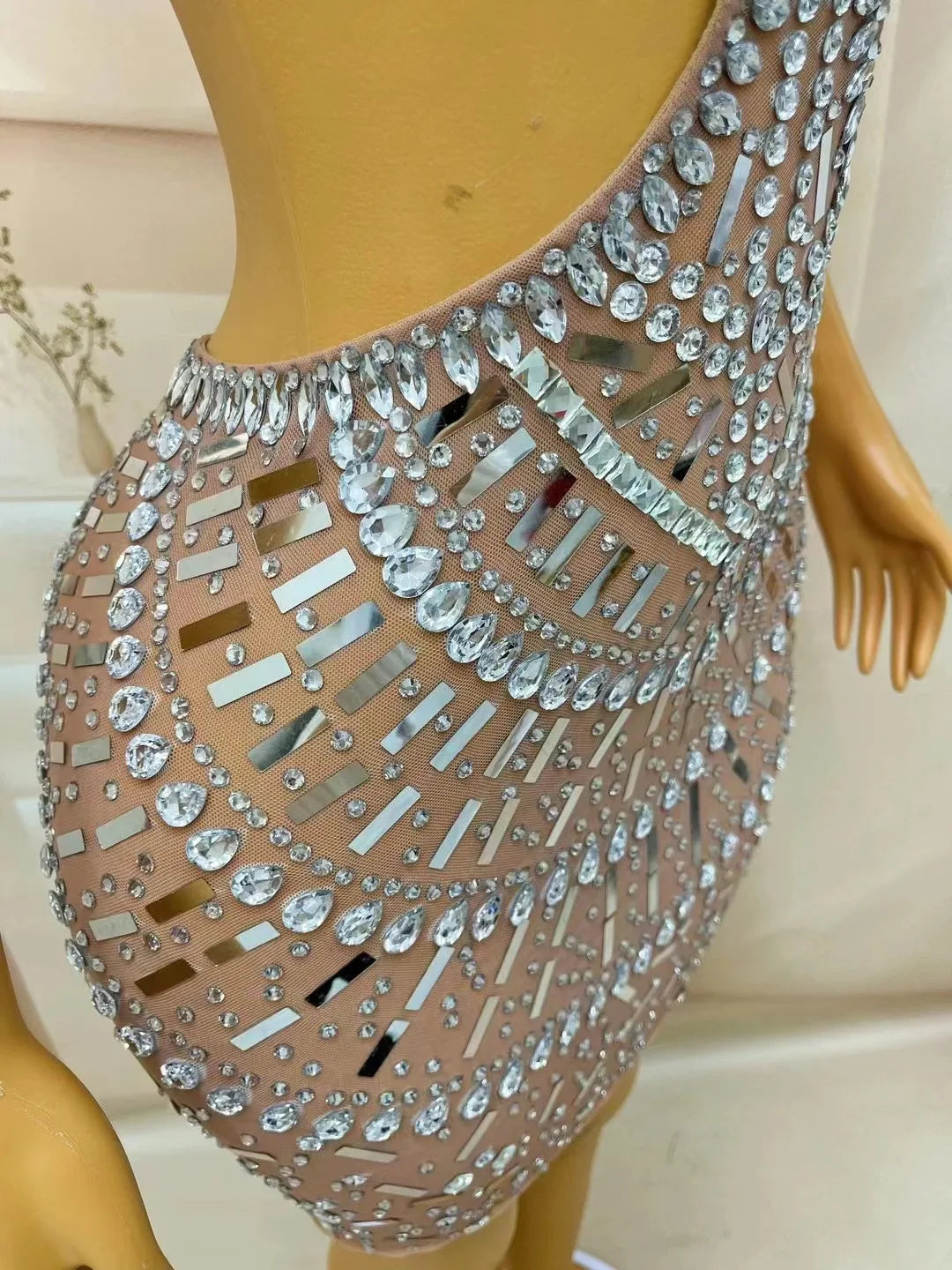 Silver Rhinestones Sequins Backless Hollow Dress Outfit Performance Costume