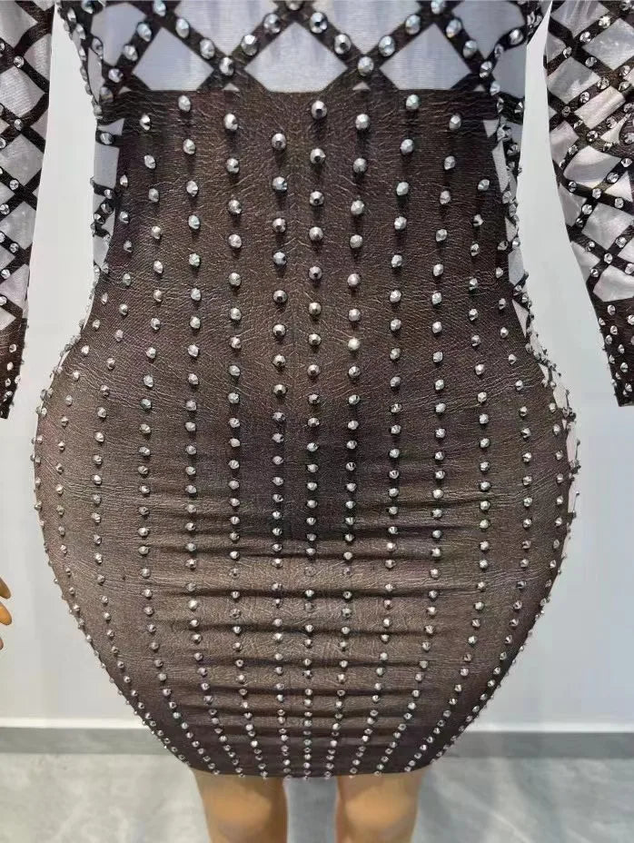 Sexy Stage Silver Rhinestones Spandex Stretch Dress Women Dancer Show Outfit Evening Birthday Celebrate Party Photo Shoot Dress