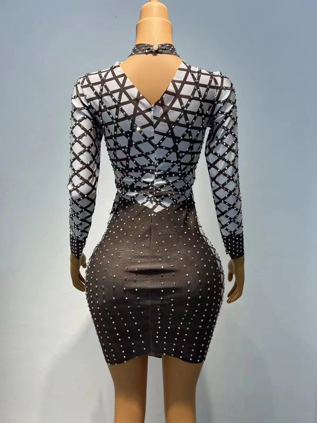 Sexy Stage Silver Rhinestones Spandex Stretch Dress Women Dancer Show Outfit Evening Birthday Celebrate Party Photo Shoot Dress