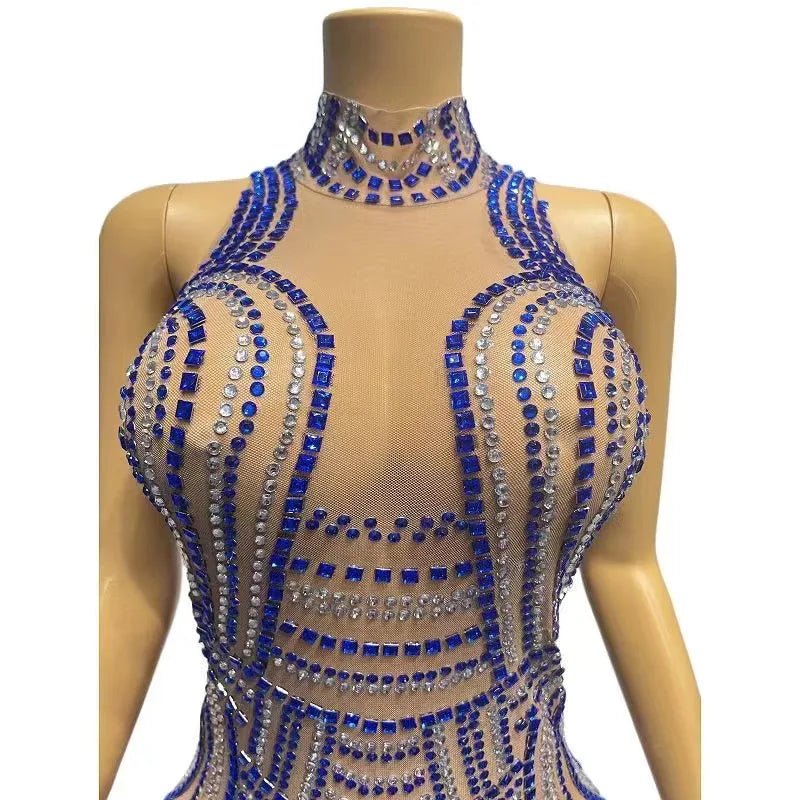 Sexy Stage Skinny Sleeveless Dress Blue Silver Rhinestones Dance Wear Birthday Costume Outfit Performance Photoshoot Dress