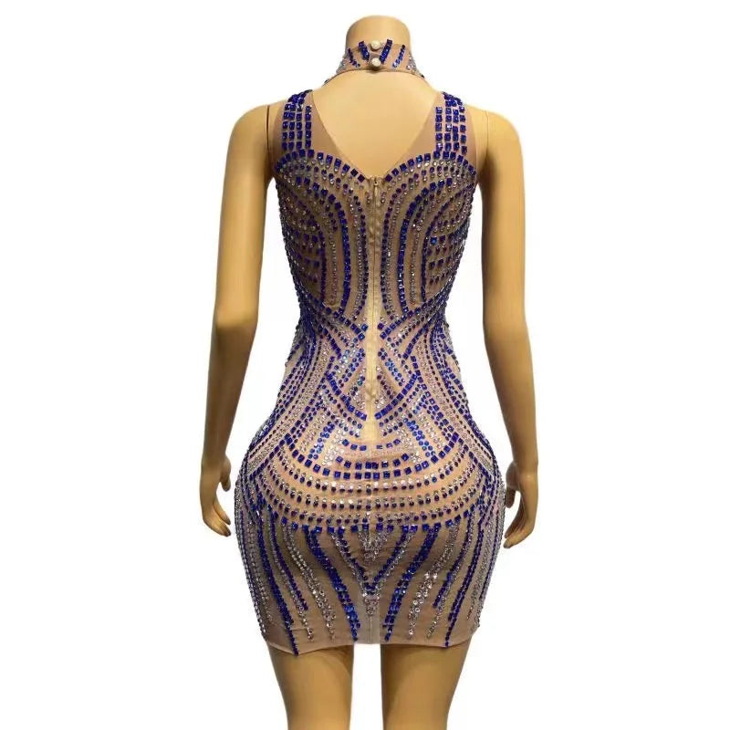 Sexy Stage Skinny Sleeveless Dress Blue Silver Rhinestones Dance Wear Birthday Costume Outfit Performance Photoshoot Dress
