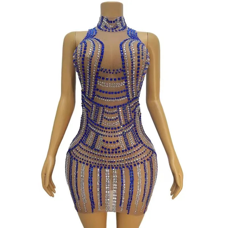 Sexy Stage Skinny Sleeveless Dress Blue Silver Rhinestones Dance Wear Birthday Costume Outfit Performance Photoshoot Dress