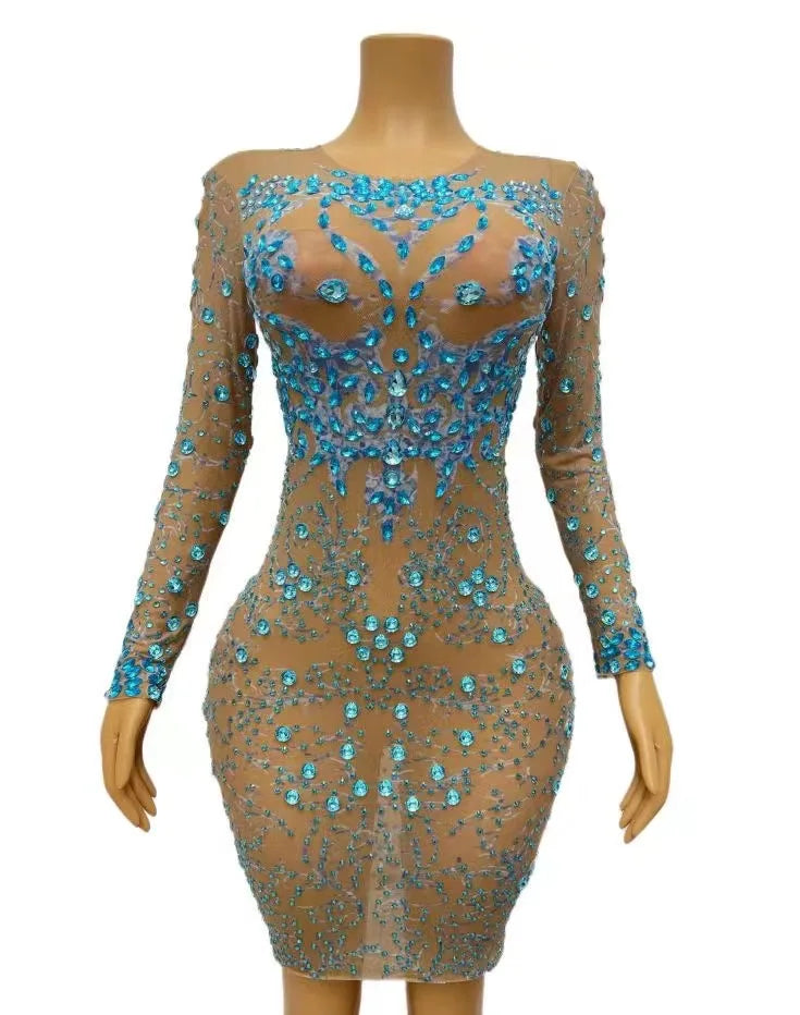 Sexy Stage Sparkly Blue Rhinestones Long Sleeves Transparent Dress Evening Birthday Celebrate Stretch Photo Shoot Costume