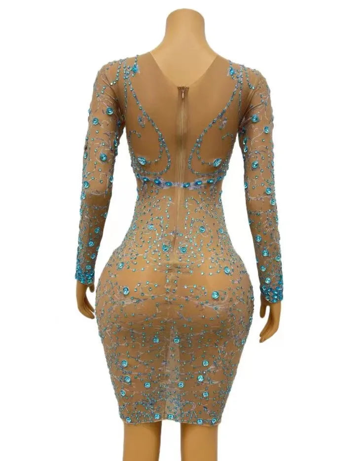 Sexy Stage Sparkly Blue Rhinestones Long Sleeves Transparent Dress Evening Birthday Celebrate Stretch Photo Shoot Costume
