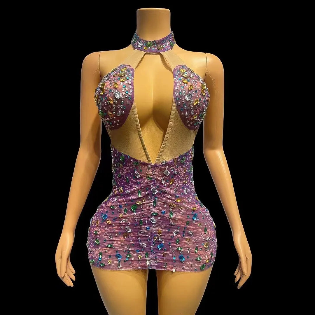 Sexy Stage Sparkly Courful Crystals Purple Mini Dress Evening Birthday Celebrate Backless Costume Prom Party Photoshoot Dress
