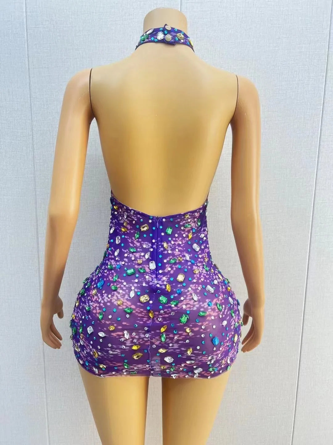 Sexy Stage Sparkly Courful Crystals Purple Mini Dress Evening Birthday Celebrate Backless Costume Prom Party Photoshoot Dress