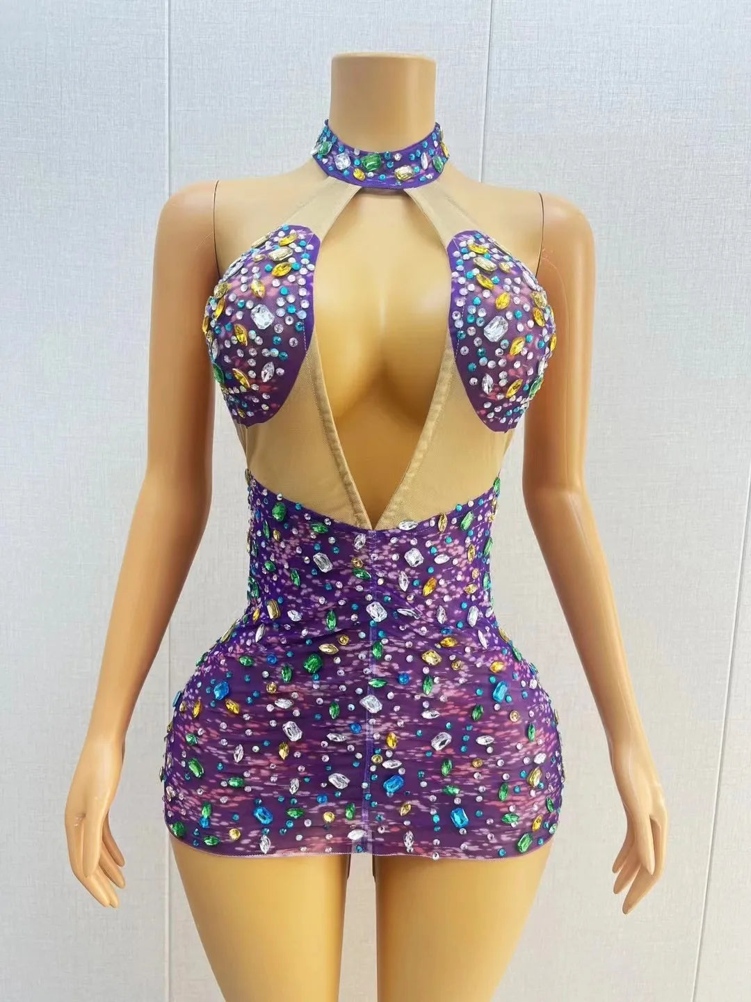 Sexy Stage Sparkly Courful Crystals Purple Mini Dress Evening Birthday Celebrate Backless Costume Prom Party Photoshoot Dress