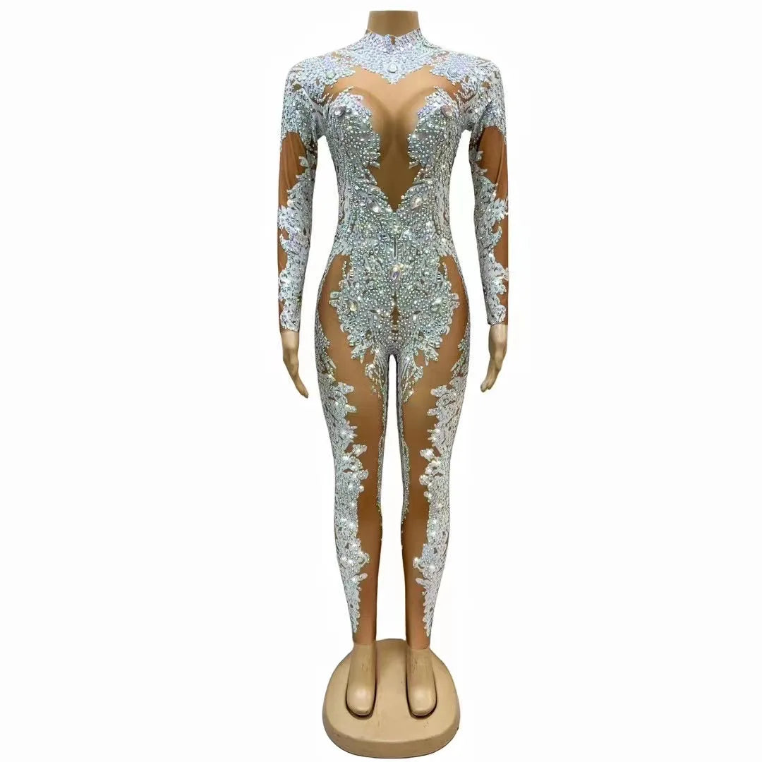 Sexy Stage Sparkly Diamond White Azure Blue Color Sheath Jumpsuit Nightclub Singer DJ Performance Costume Dancer Stage Leggings