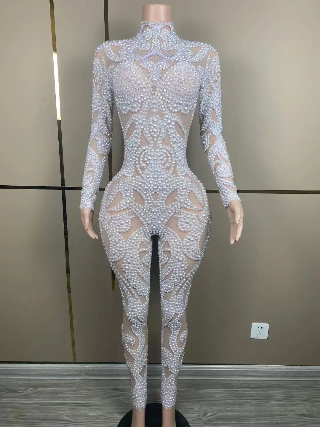 Sexy Stage Sparkly Pearls Transparent Nude Mesh Jumpsuit Birthday Celebrate Net Yarn Outfit Women Dancer Photo Shoot Wear