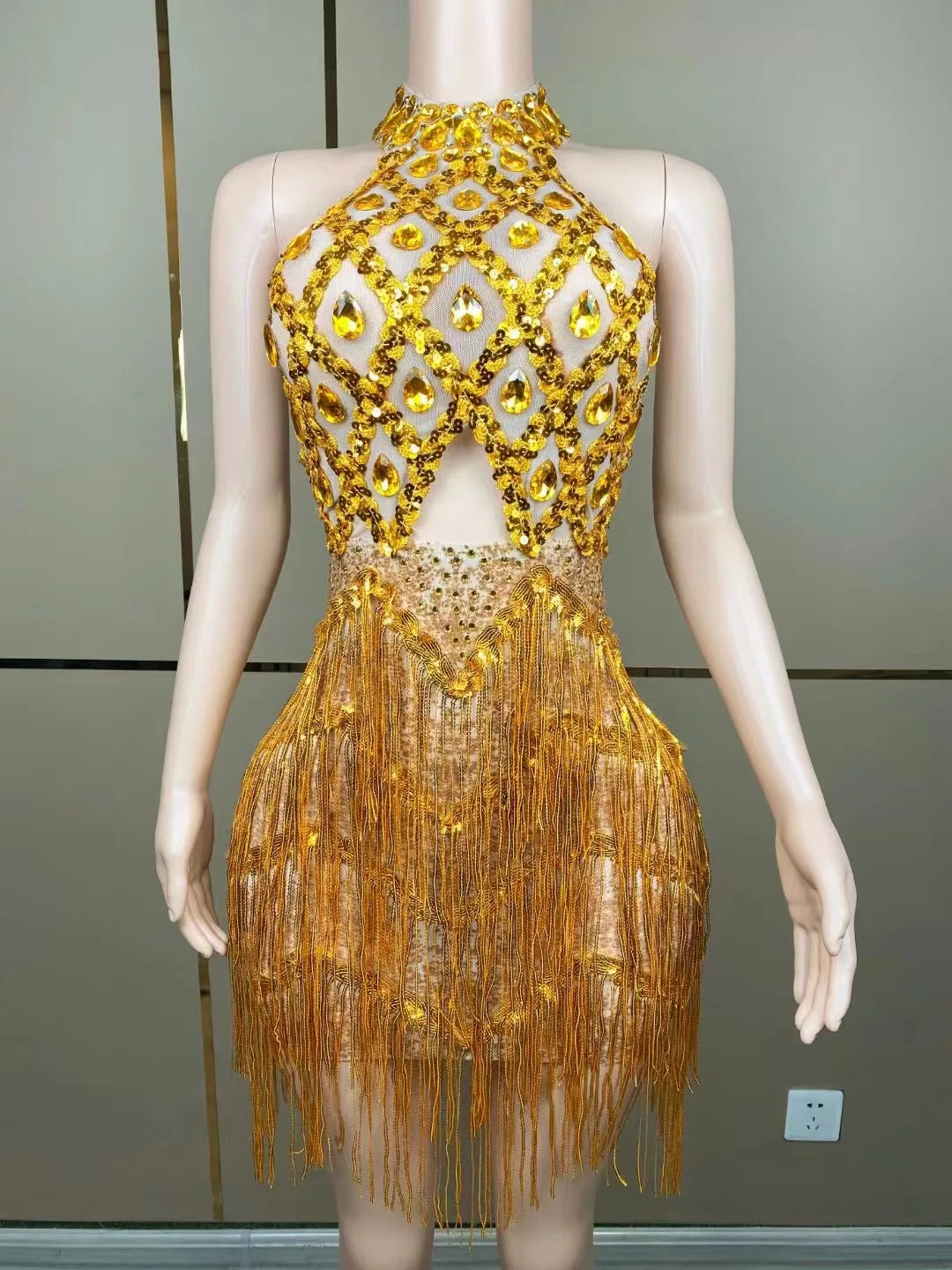 Sexy Stage Sparkly Pink Gold Sequins Rhinestones Short Tassel Dress Performance Dance Costume Club Birthday Photo Shoot Dress