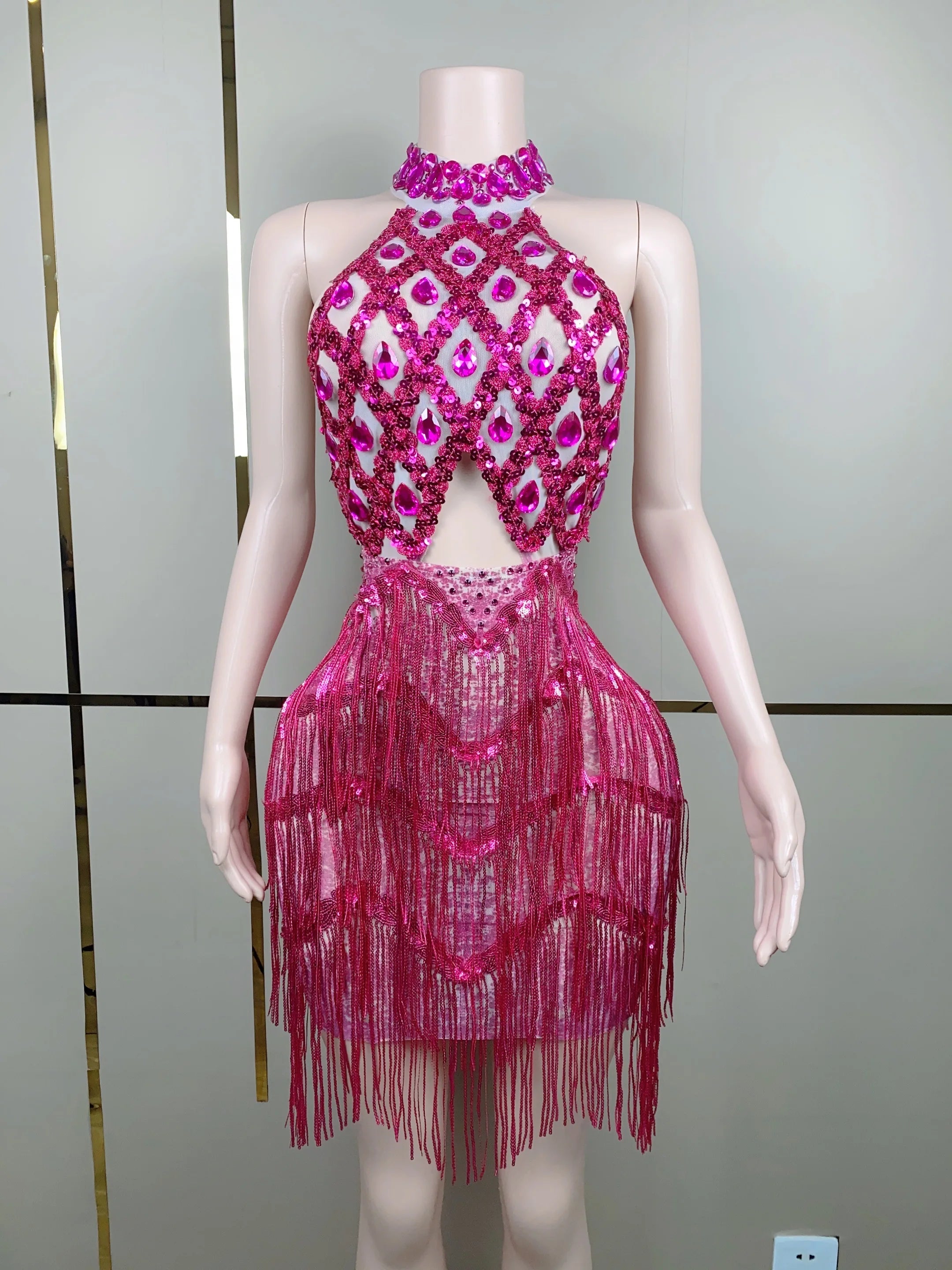 Sexy Stage Sparkly Pink Gold Sequins Rhinestones Short Tassel Dress Performance Dance Costume Club Birthday Photo Shoot Dress