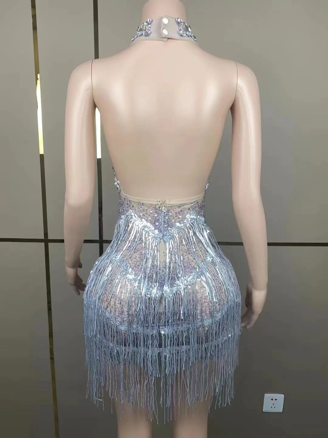 Sexy Stage Sparkly Pink Gold Sequins Rhinestones Short Tassel Dress Performance Dance Costume Club Birthday Photo Shoot Dress