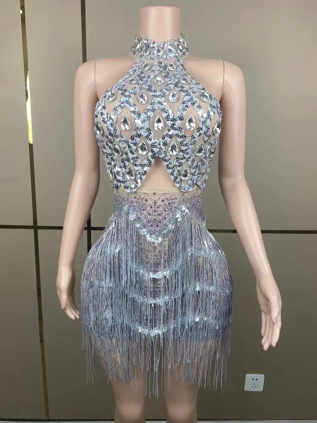 Sexy Stage Sparkly Pink Gold Sequins Rhinestones Short Tassel Dress Performance Dance Costume Club Birthday Photo Shoot Dress