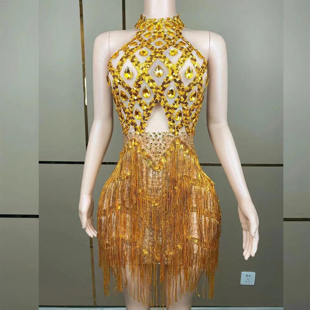 Sexy Stage Sparkly Pink Gold Sequins Rhinestones Short Tassel Dress Performance Dance Costume Club Birthday Photo Shoot Dress