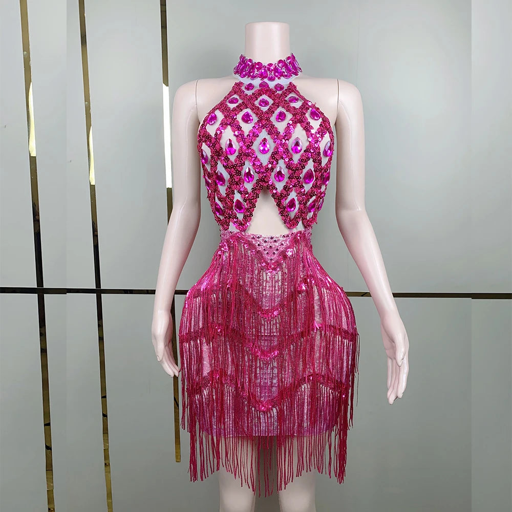 Sexy Stage Sparkly Pink Gold Sequins Rhinestones Short Tassel Dress Performance Dance Costume Club Birthday Photo Shoot Dress