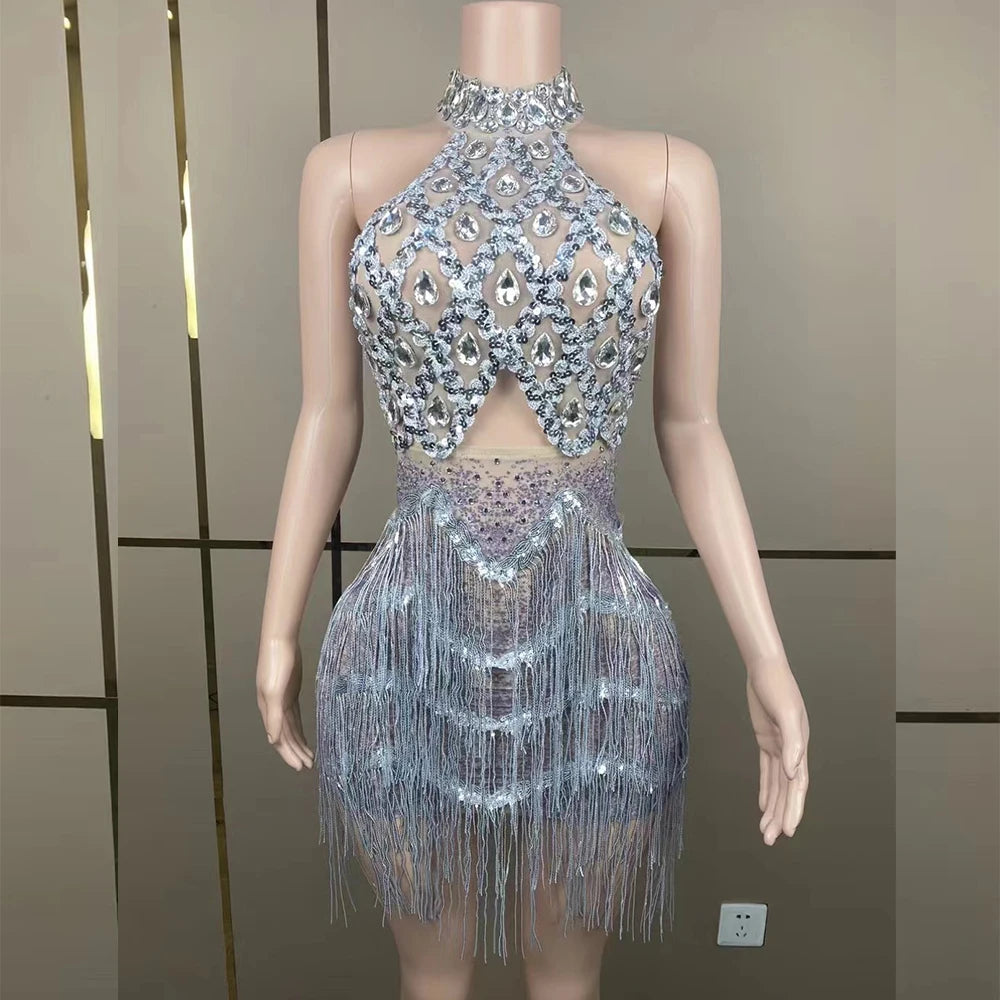 Sexy Stage Sparkly Pink Gold Sequins Rhinestones Short Tassel Dress Performance Dance Costume Club Birthday Photo Shoot Dress