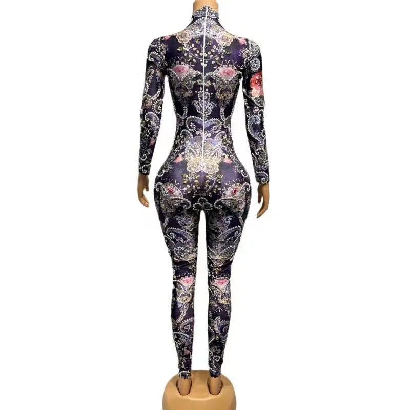 Sexy Stage Sparkly Silver Crystals Pearls Jumpsuit Rhinestones Bodysuit Rose Flower Pattern Rompers Birthday Evening Club Outfit