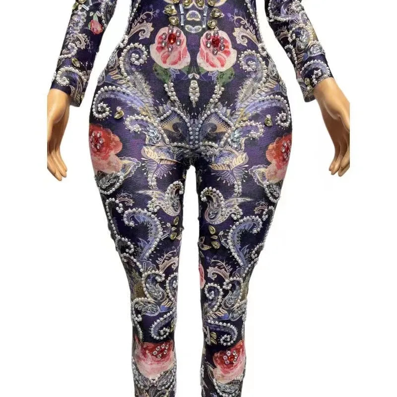 Sexy Stage Sparkly Silver Crystals Pearls Jumpsuit Rhinestones Bodysuit Rose Flower Pattern Rompers Birthday Evening Club Outfit