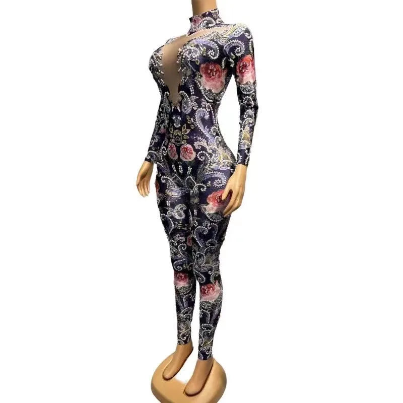Sexy Stage Sparkly Silver Crystals Pearls Jumpsuit Rhinestones Bodysuit Rose Flower Pattern Rompers Birthday Evening Club Outfit