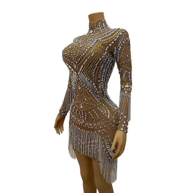 Sexy Stage Sparkly Silver Gold Rhinestones Crystals Fringes Transparent Dress Birthday Celebrate Prom Party Photo Shoot Dress