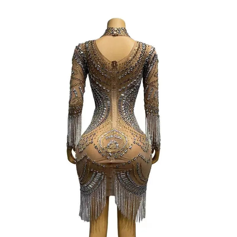 Sexy Stage Sparkly Silver Gold Rhinestones Crystals Fringes Transparent Dress Birthday Celebrate Prom Party Photo Shoot Dress
