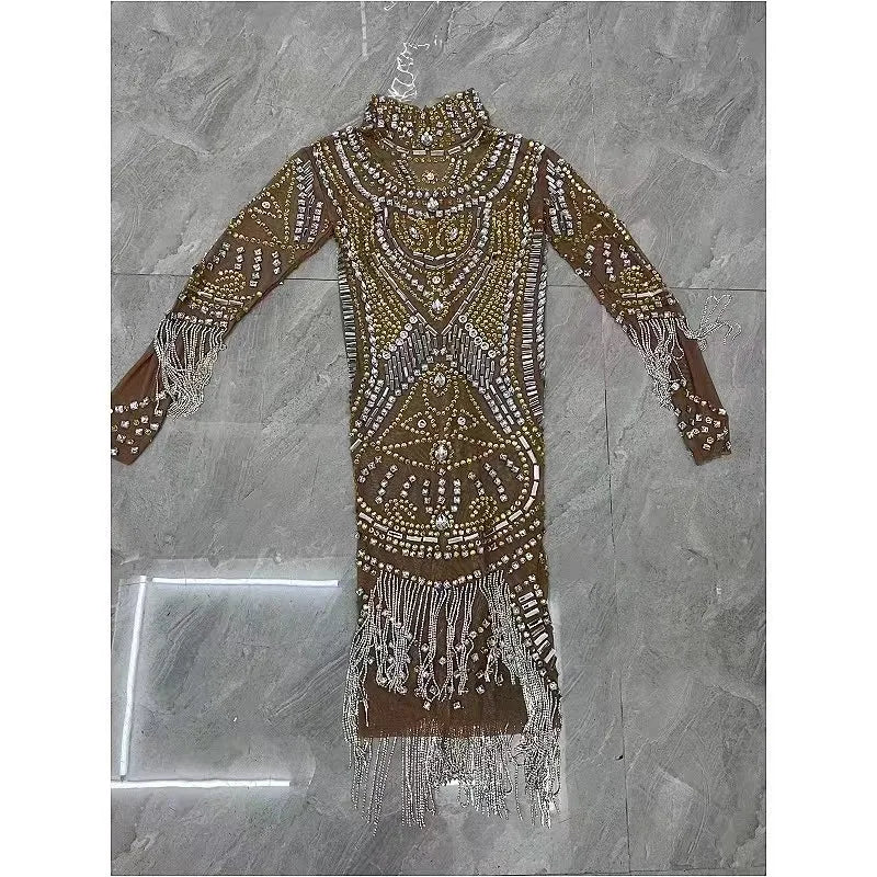 Sexy Stage Sparkly Silver Gold Rhinestones Crystals Fringes Transparent Dress Birthday Celebrate Prom Party Photo Shoot Dress