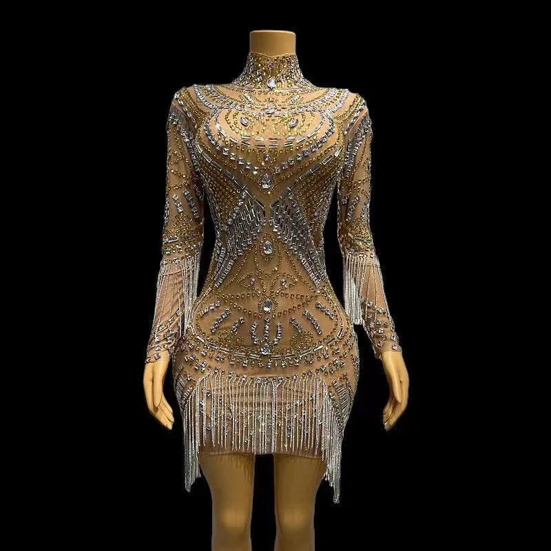 Sexy Stage Sparkly Silver Gold Rhinestones Crystals Fringes Transparent Dress Birthday Celebrate Prom Party Photo Shoot Dress