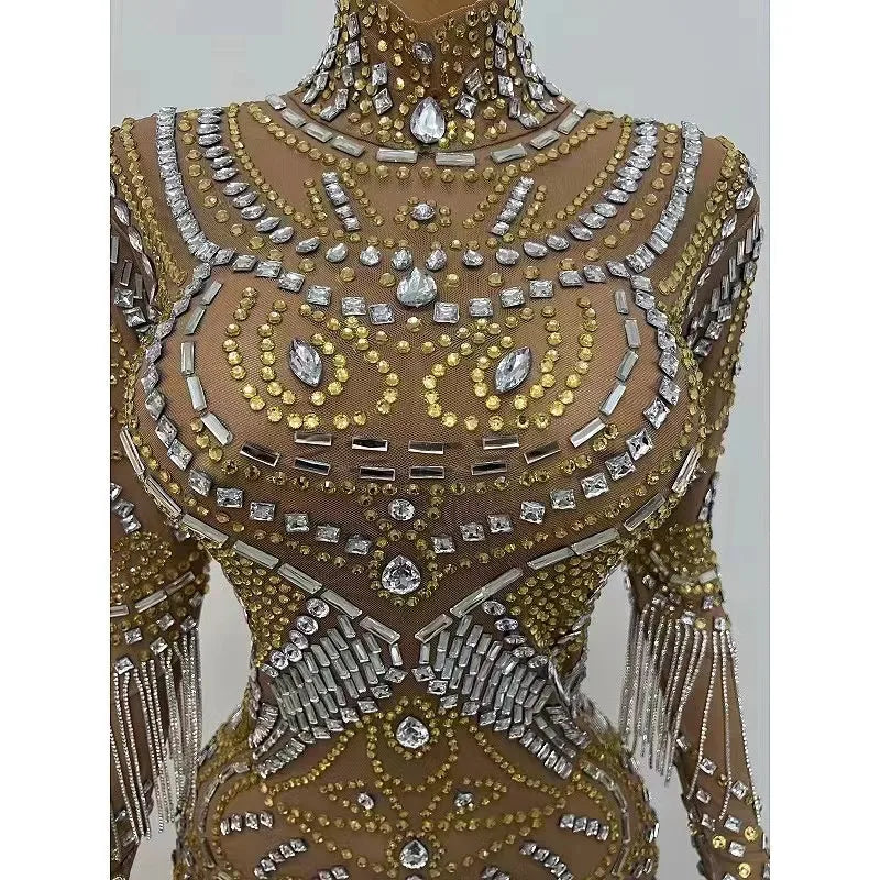 Sexy Stage Sparkly Silver Gold Rhinestones Crystals Fringes Transparent Dress Birthday Celebrate Prom Party Photo Shoot Dress