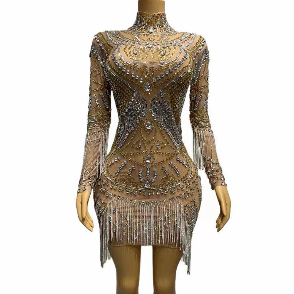 Sexy Stage Sparkly Silver Gold Rhinestones Crystals Fringes Transparent Dress Birthday Celebrate Prom Party Photo Shoot Dress