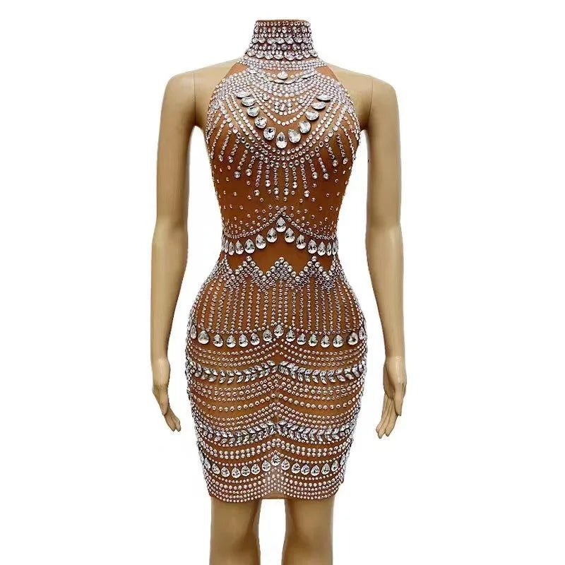 Sexy Stage Sparkly Silver Rhinestones Transparent Sleeveless Dress Women Dancer Celebrate Evening Outfit Birthday Backless Dress