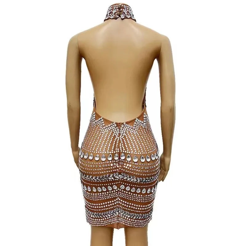 Sexy Stage Sparkly Silver Rhinestones Transparent Sleeveless Dress Women Dancer Celebrate Evening Outfit Birthday Backless Dress
