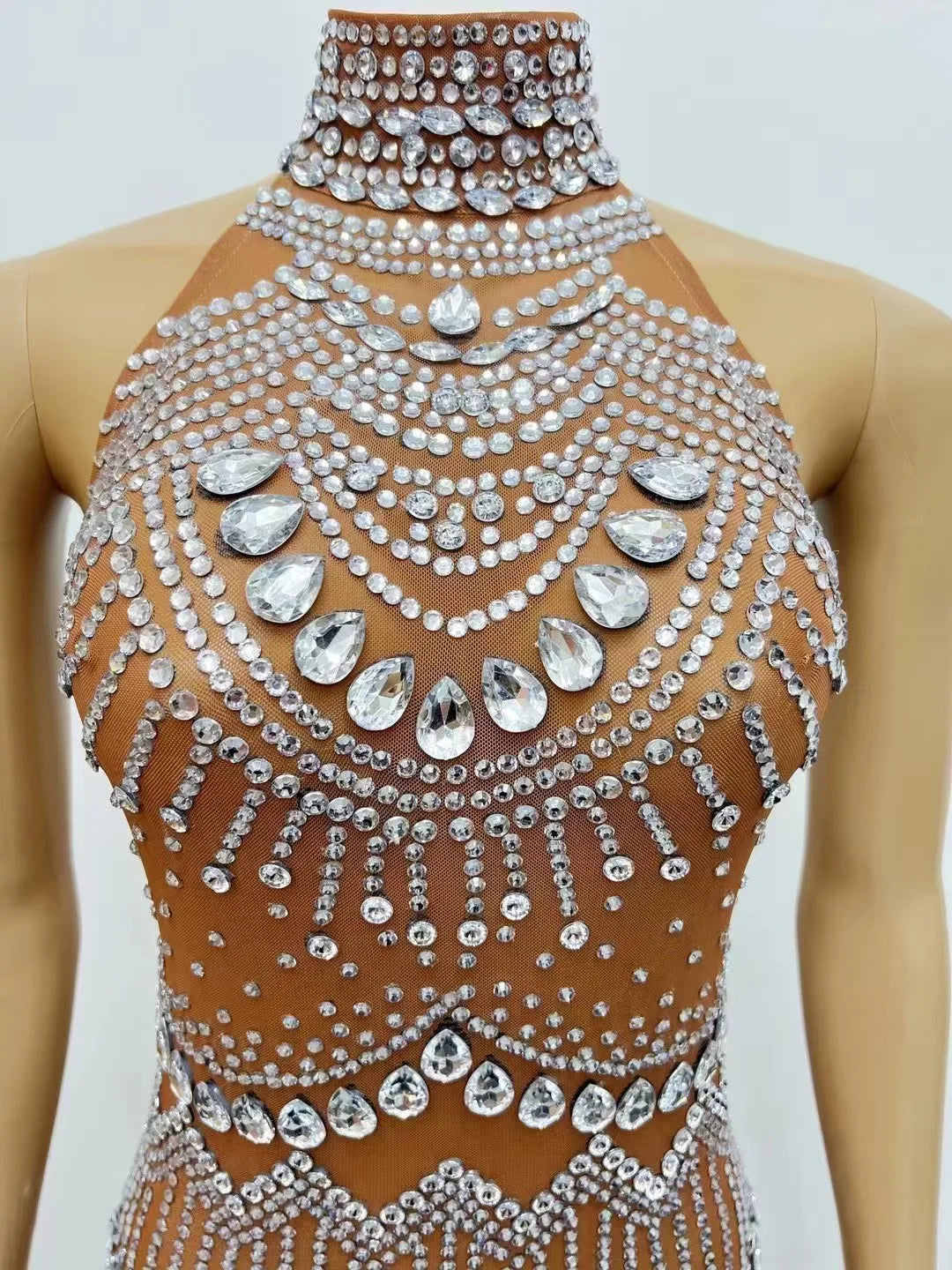 Sexy Stage Sparkly Silver Rhinestones Transparent Sleeveless Dress Women Dancer Celebrate Evening Outfit Birthday Backless Dress