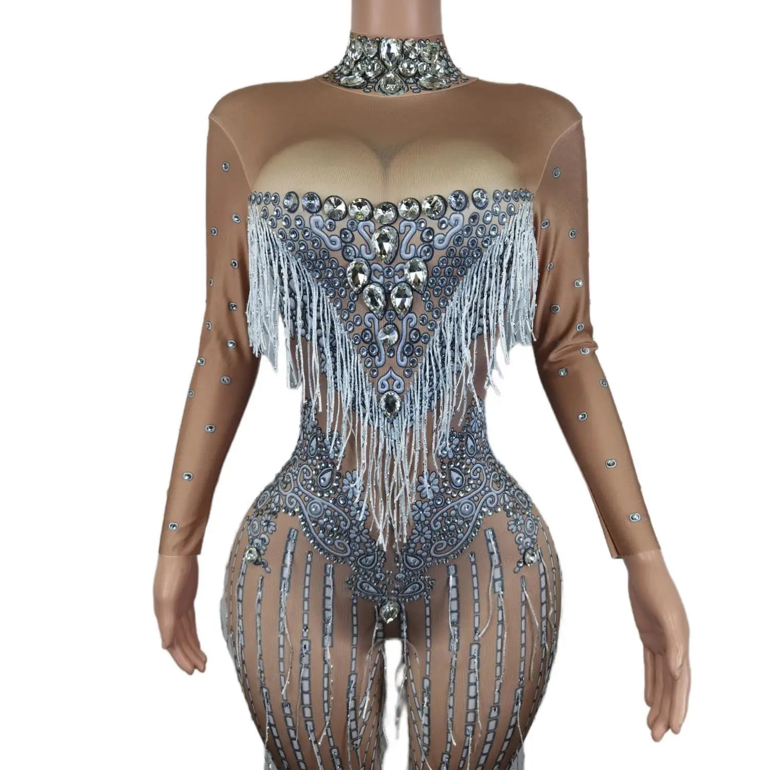 Sexy Tassel Rhinestone Jumpsuit for Women Outfit Nightclub Singer Birthday Costume Stage Dance Wear R avePole Clothing Pubuku