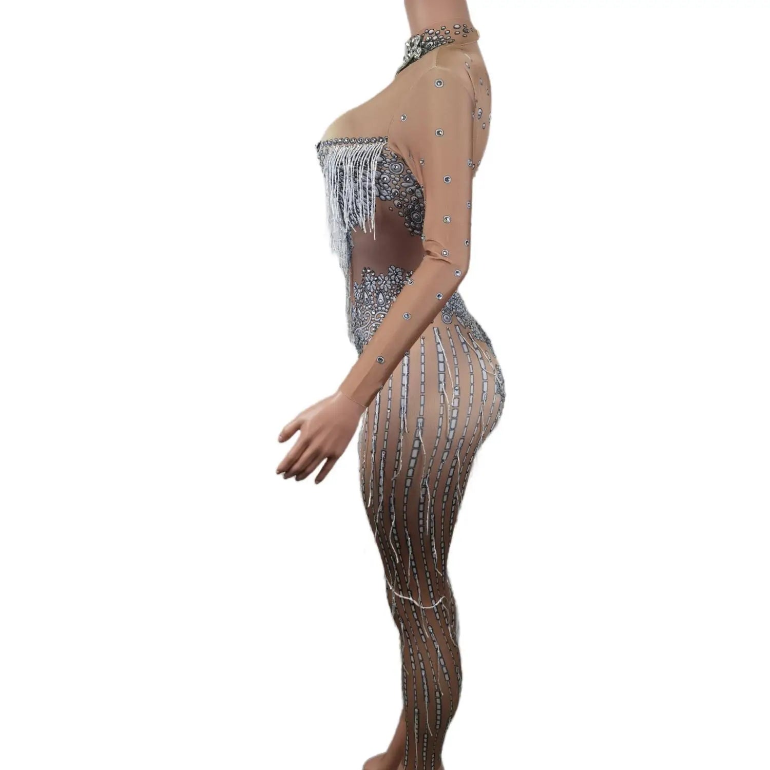 Sexy Tassel Rhinestone Jumpsuit for Women Outfit Nightclub Singer Birthday Costume Stage Dance Wear R avePole Clothing Pubuku