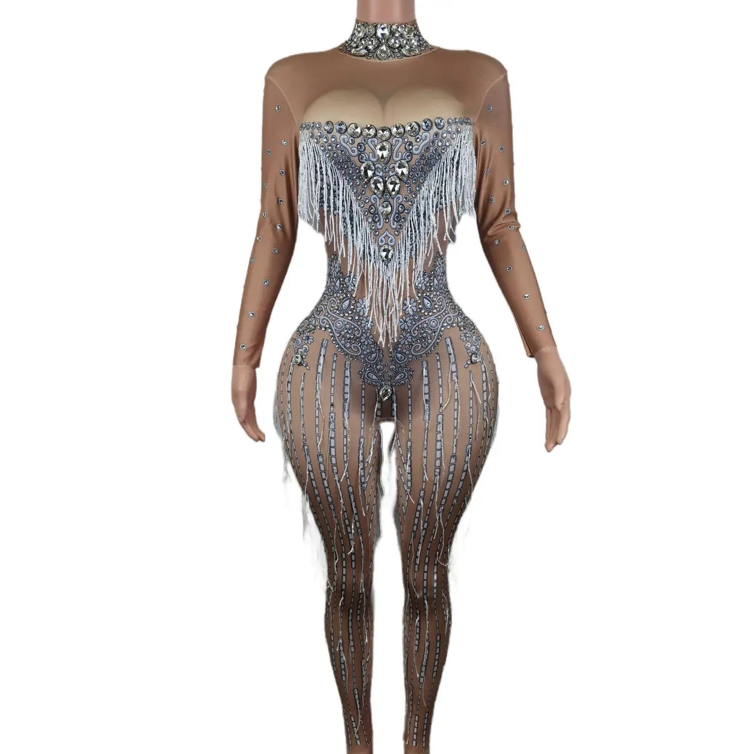 Sexy Tassel Rhinestone Jumpsuit for Women Outfit Nightclub Singer Birthday Costume Stage Dance Wear R avePole Clothing Pubuku