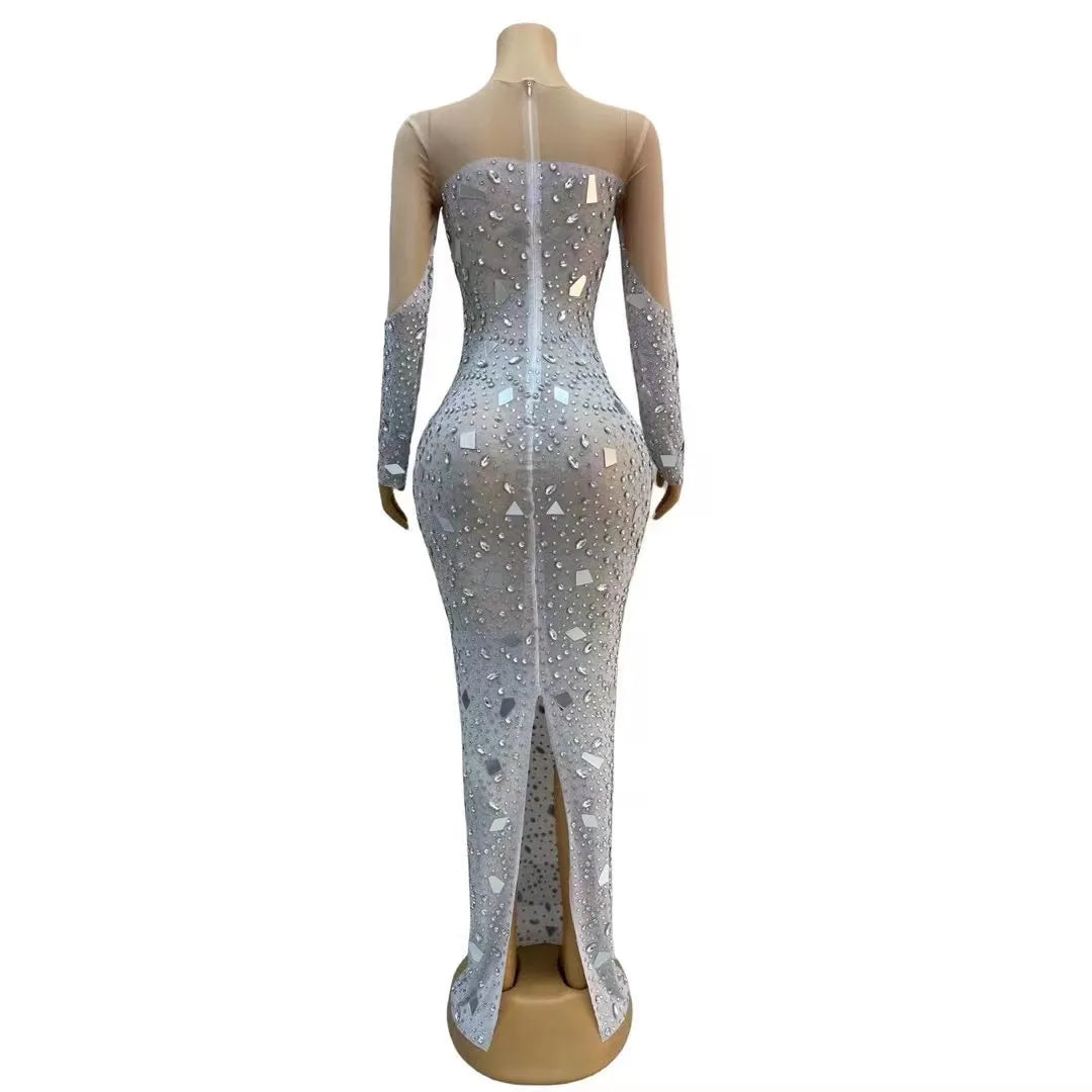 Sexy Transparent Silver Rhinestones Mirrors Dress Stretch Outfit Nightclub Birthday Celebrate Prom Party Photo Shoot Collections