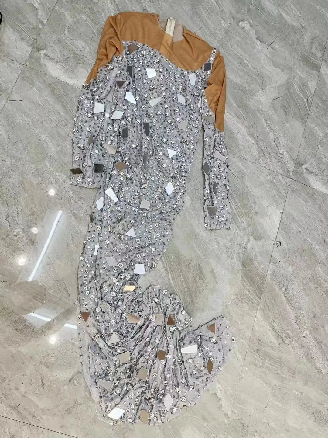Sexy Transparent Silver Rhinestones Mirrors Dress Stretch Outfit Nightclub Birthday Celebrate Prom Party Photo Shoot Collections